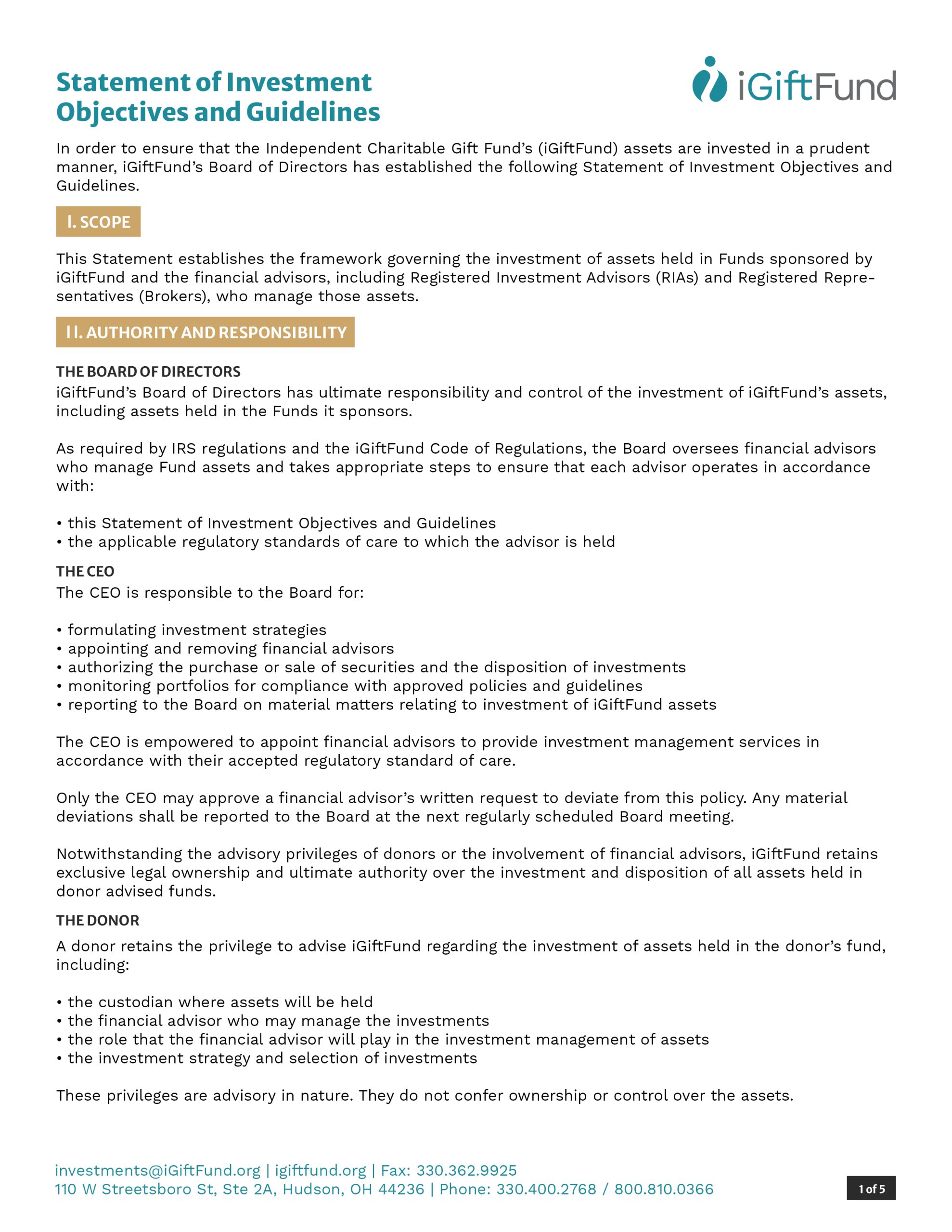 Statement of Investment Objectives and Guidelines